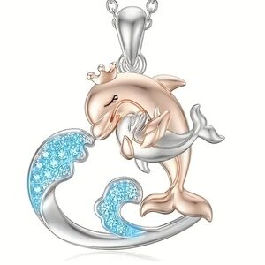 New Fashion Dainty Heart Necklace Cute Dolphin Mother Daughter Pendant, T5B3B